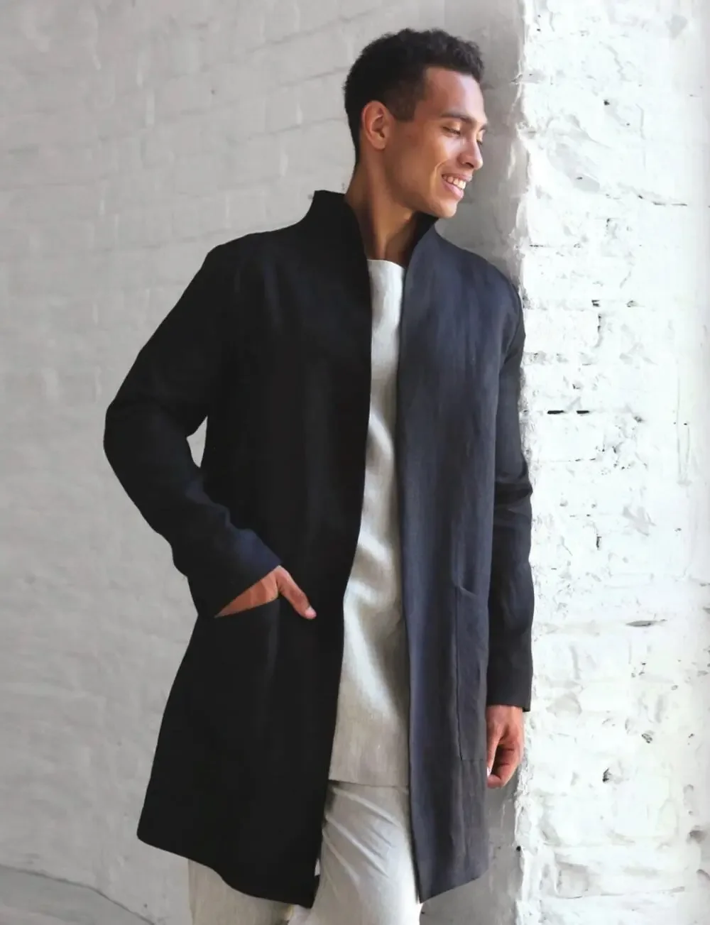 Black Ficus Linen Trench Almond in Black Mens S Longline Duster Open Front